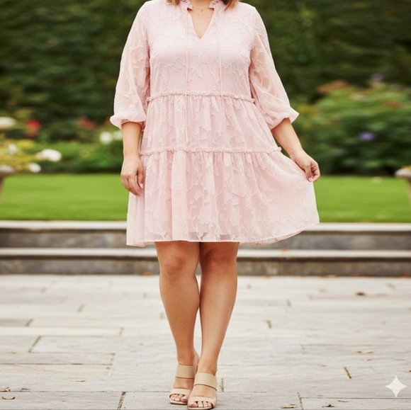 Eloquii Dresses & Skirts - Eloquii Mini Pink Chiffon Tiered Ruffle Dress with Bow Neck Long Sleeve Boho